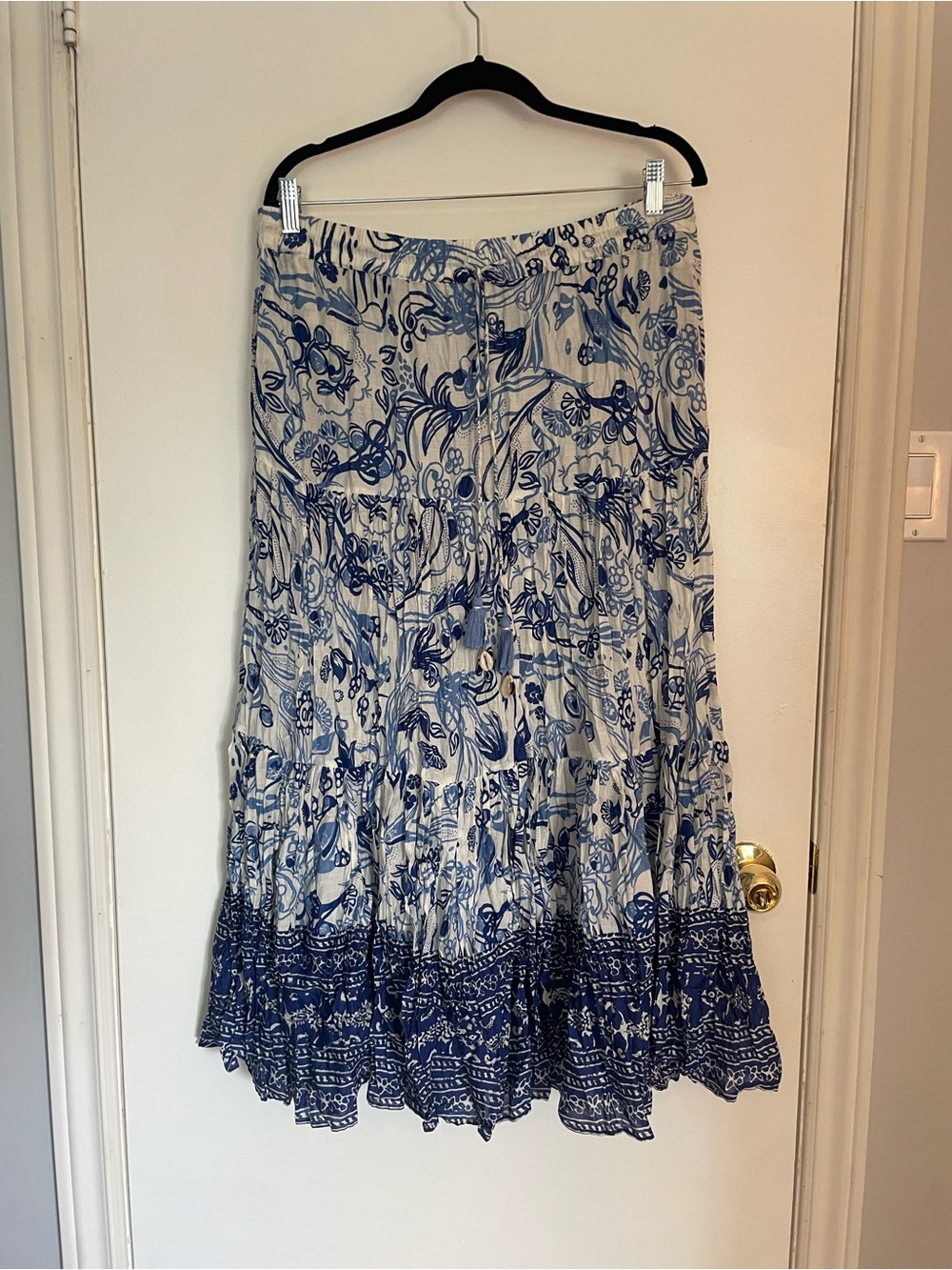 Zara Blue and White Floral Tiered Maxi Skirt